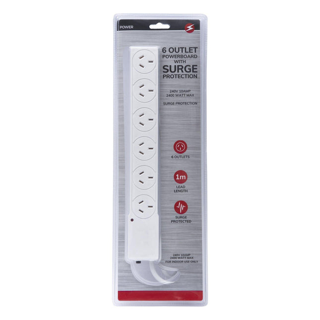 6 Outlet Power Board With Surge Protection 1M Lead Cable.