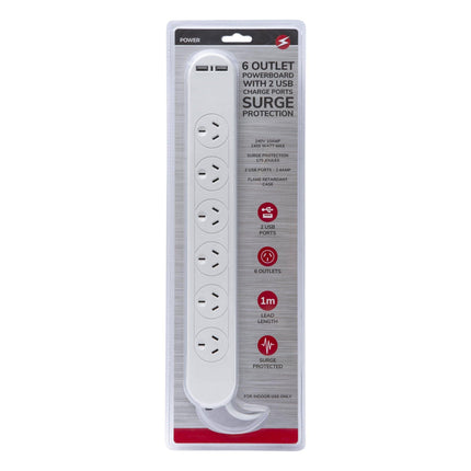 6 Outlet Powerboard With Surge Protection and Dual USB Charger 1M Lead Cable.
