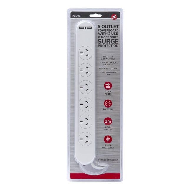 6 Outlet Powerboard With Surge Protection and Dual USB Charger 1M Lead Cable.