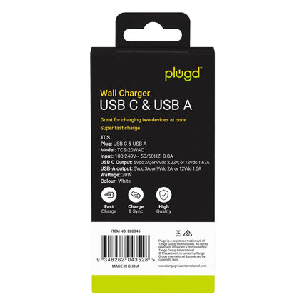 20W USB C & USB A QC3.0+PD Fast Charging Wall Charger.