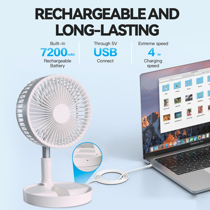 Folding Telescopic 4.5W Portable Height/Tilt Adjustable Rechargeable Cordless Fan.
