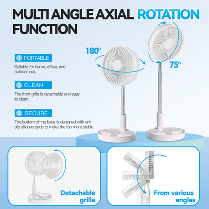 Folding Telescopic 4.5W Portable Height/Tilt Adjustable Rechargeable Cordless Fan.