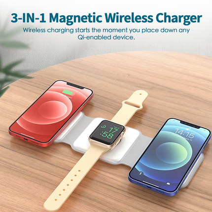 3 in 1 Wireless 15W Qi Fast Charging Foldable Station for Apple Mag Safe.