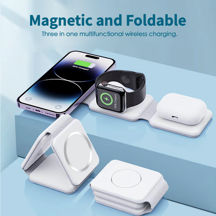 3 in 1 Wireless 15W Qi Fast Charging Foldable Station for Apple Mag Safe.