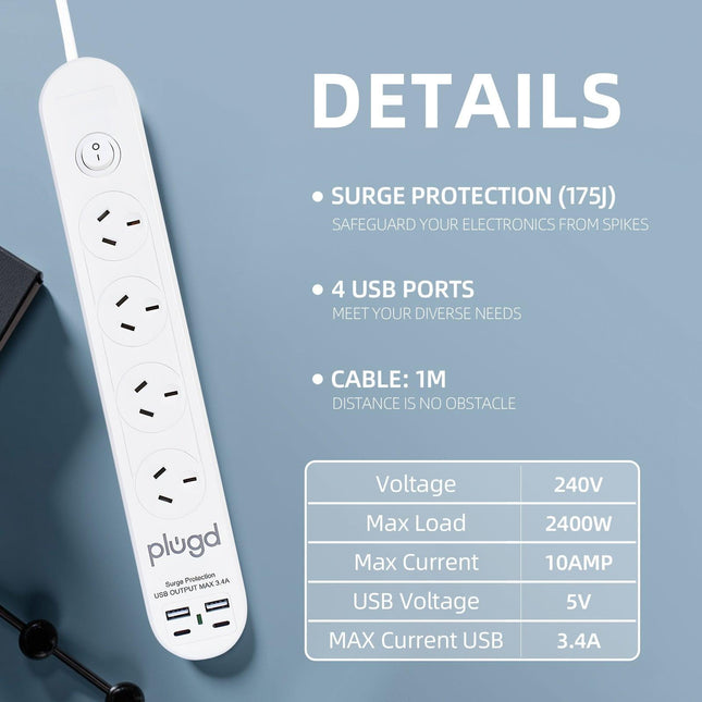 Plugd 2 USB A + 2 USB C 240V 10A Powerboard with Surge Protection.