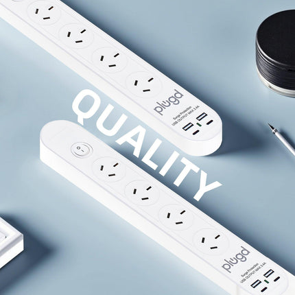 Plugd 2 USB A + 2 USB C 240V 10A Powerboard with Surge Protection.