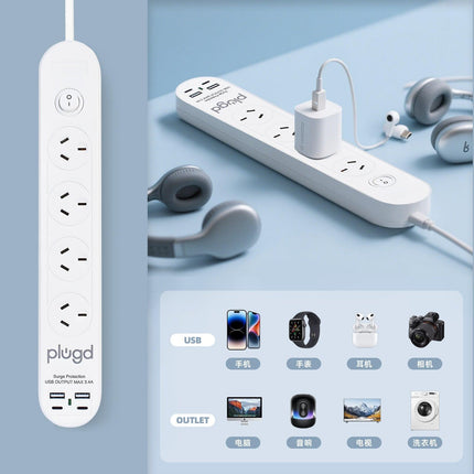 Plugd 2 USB A + 2 USB C 240V 10A Powerboard with Surge Protection.