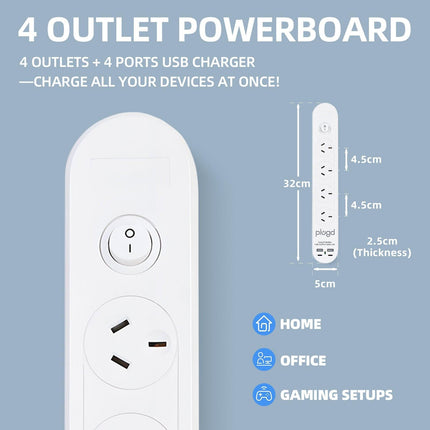 Plugd 2 USB A + 2 USB C 240V 10A Powerboard with Surge Protection.