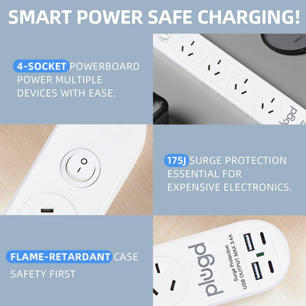 Plugd 2 USB A + 2 USB C 240V 10A Powerboard with Surge Protection.