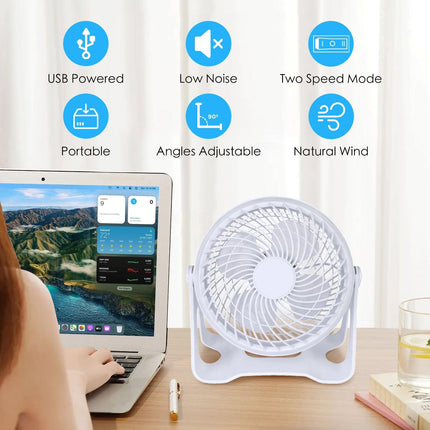 USB Powered Desk Fan – Portable 2-Speed Adjustable Angle Cooling Fan (White).
