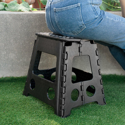 Large Plastic Folding Stool Portable Chair Store Flat Easy Carry Outdoor Camping Black.