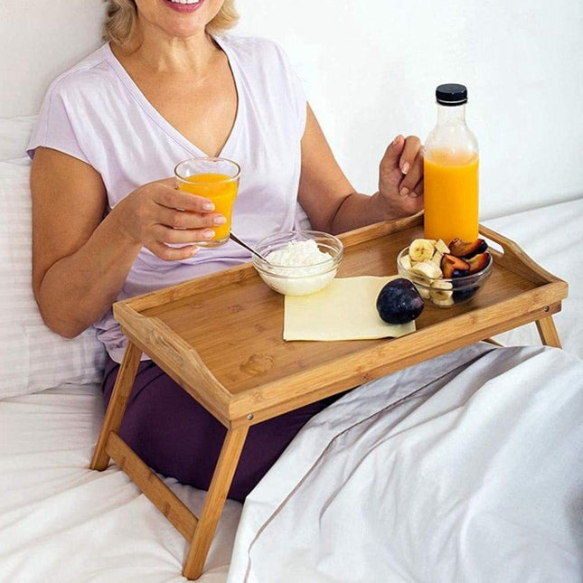 2 x Bamboo Bed Table Breakfast/Snack Serving Tray with Foldable Legs.