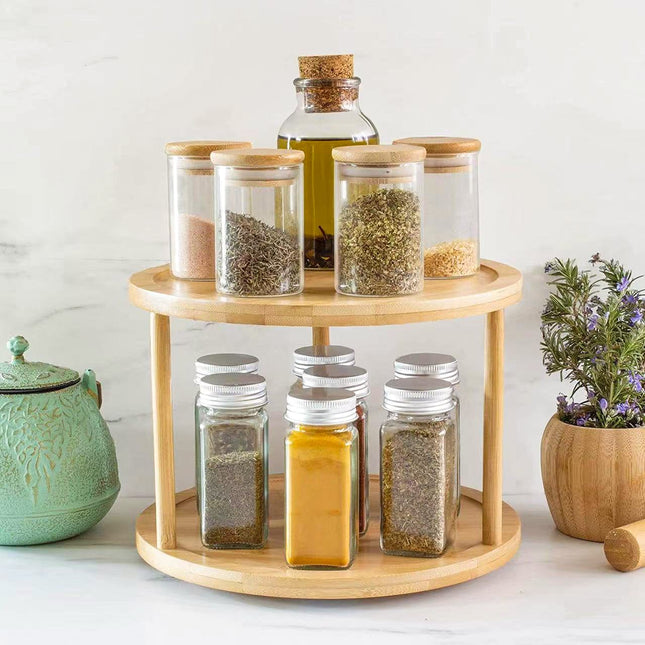 Lazy Susan 2 Tier Rotating Spice Rack Turnable Kitchen Shelf Bamboo Organiser.