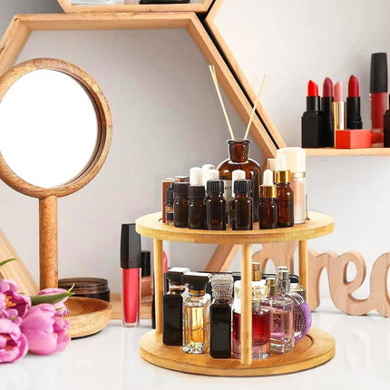 Lazy Susan 2 Tier Rotating Spice Rack Turnable Kitchen Shelf Bamboo Organiser.