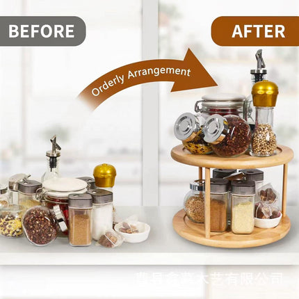 Lazy Susan 2 Tier Rotating Spice Rack Turnable Kitchen Shelf Bamboo Organiser.
