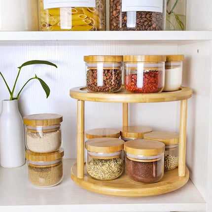 Lazy Susan 2 Tier Rotating Spice Rack Turnable Kitchen Shelf Bamboo Organiser.