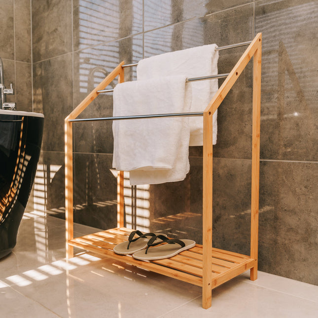 85cm Standing Towel Rack - Bamboo Towel Bar Metal 3-Tier.