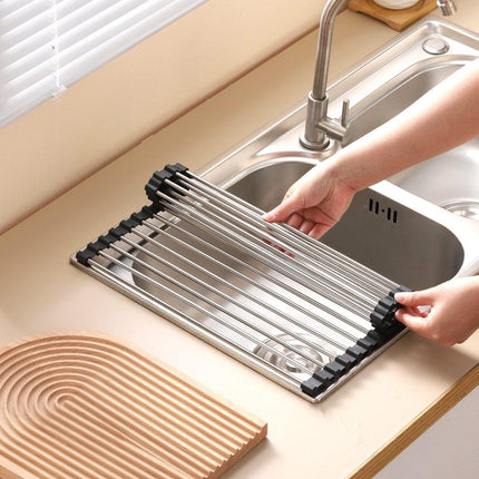 Silver Over Sink Draining Rack with Anti-Slip Grips.