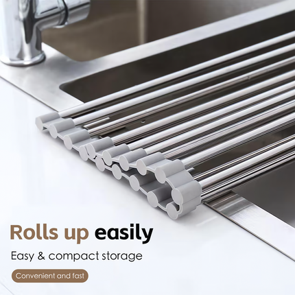 Silver Over Sink Draining Rack with Anti-Slip Grips.