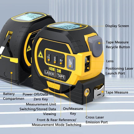 60m Laser Measure, Cross-line Laser Level, 5m Tape Measure Yellow.