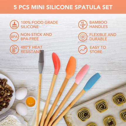 5pc Mini Silicone and Bamboo Utensils Set Nonstick Cookware.