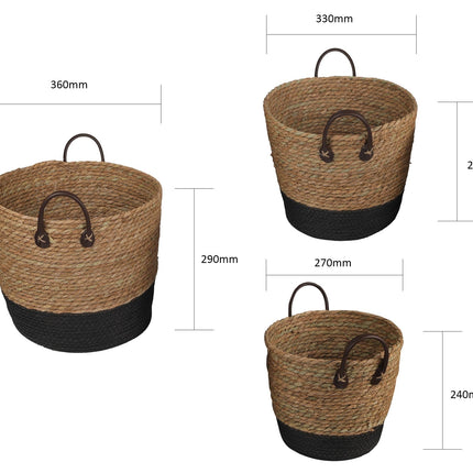 3 Piece Cotton Rope Stripe Carry Handles Storage Baskets Set.