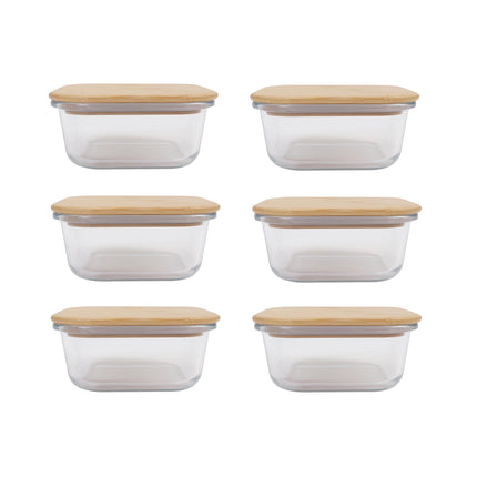 6 Pcs Medium Bamboo Food Containers – Clear Glass with Bamboo Lids.