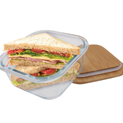 6 Pcs Medium Bamboo Food Containers – Clear Glass with Bamboo Lids.