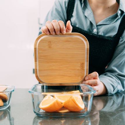 6 Pcs Medium Bamboo Food Containers – Clear Glass with Bamboo Lids.