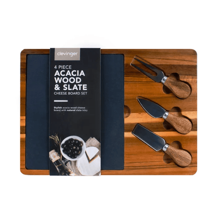 Clevinger 4 Piece Acacia Wood & Slate Cheese Board With Knife Set.