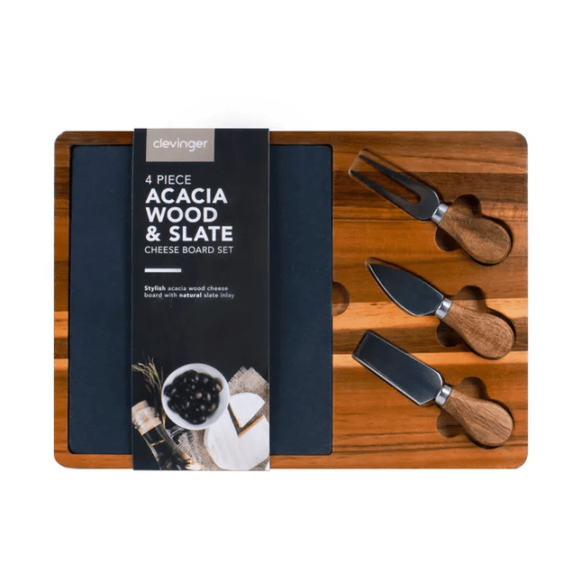 Clevinger 4 Piece Acacia Wood & Slate Cheese Board With Knife Set.