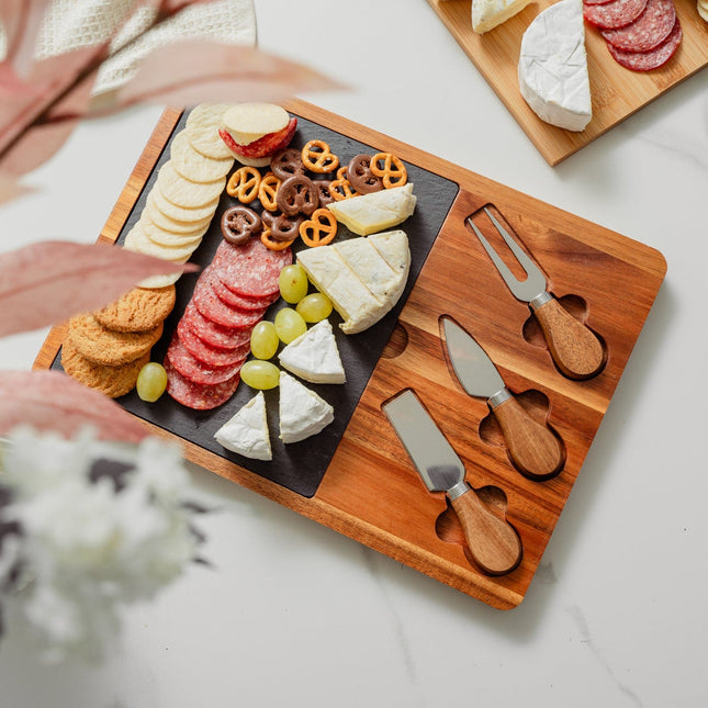 Clevinger 4 Piece Acacia Wood & Slate Cheese Board With Knife Set.