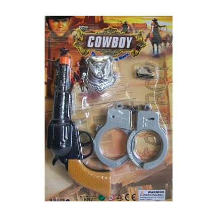 Toy cowboy gun and handcuff play set.