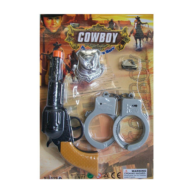 Toy cowboy gun and handcuff play set.