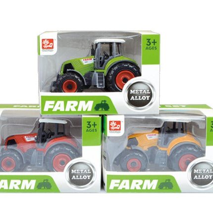 3x DIECAST METAL FARM TRACTORS RED YELLOW GREEN.