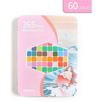 Water paint colour set with brush metal case Portable 60 PCs Concentrated block - Pink.