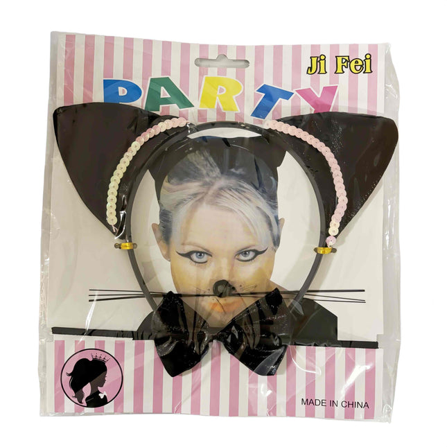 Party Cat dress up set 3 pieces ears, whiskers and bowtie.