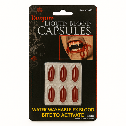 Vampire Liquid Blood Capsules – Halloween Costume FX, Water Washable, 6-Pack.