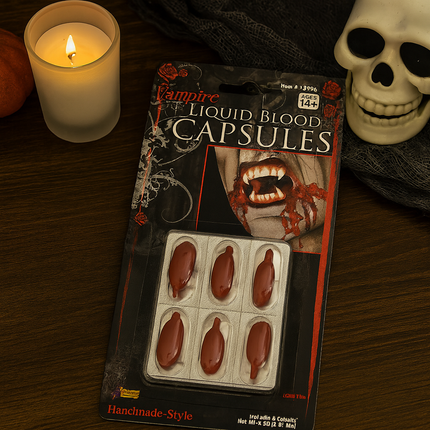 Vampire Liquid Blood Capsules – Halloween Costume FX, Water Washable, 6-Pack.