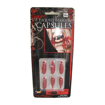 Vampire Liquid Blood Capsules – Halloween Costume FX, Water Washable, 6-Pack.