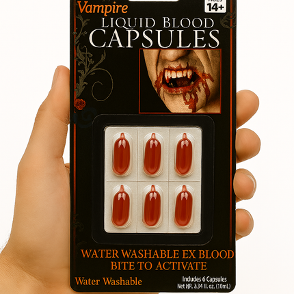 Vampire Liquid Blood Capsules – Halloween Costume FX, Water Washable, 6-Pack.