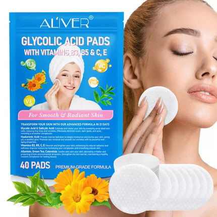 ALIVER Glycolic acid pads with vitamins B3,B5 & C,E 40 PADS.
