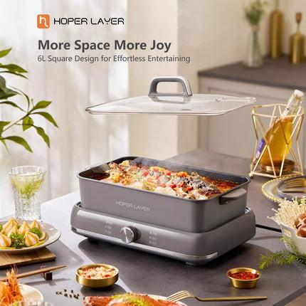 HOPER LAYER Electric Hot Pot 6L – Multifunctional Nonstick Cooker with Grill, Boil, Simmer & Fry Modes 2000W Power, Square Removable Pot.