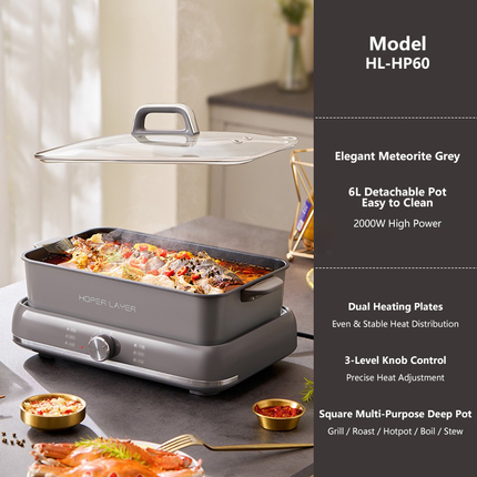 HOPER LAYER Electric Hot Pot 6L – Multifunctional Nonstick Cooker with Grill, Boil, Simmer & Fry Modes 2000W Power, Square Removable Pot.
