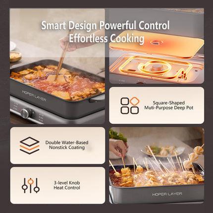 HOPER LAYER Electric Hot Pot 6L – Multifunctional Nonstick Cooker with Grill, Boil, Simmer & Fry Modes 2000W Power, Square Removable Pot.