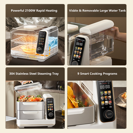 Hoper Layer Electric Food Steamer 16L Large Capacity 10 Second Start 24H Timer Independent Water Tank.