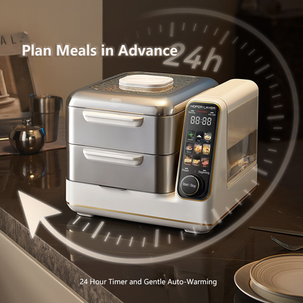 Hoper Layer Electric Food Steamer 16L Large Capacity 10 Second Start 24H Timer Independent Water Tank.