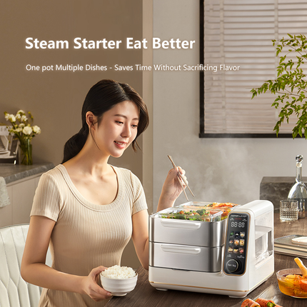 Hoper Layer Electric Food Steamer 16L Large Capacity 10 Second Start 24H Timer Independent Water Tank.