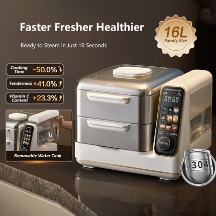 Hoper Layer Electric Food Steamer 16L Large Capacity 10 Second Start 24H Timer Independent Water Tank.