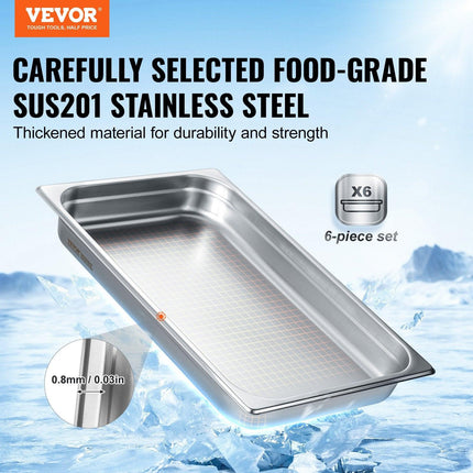 6 Pack Hotel Pans, Full Size Anti-Jam Steam Pan, 0.8mm Thick Stainless Steel Restaurant Steam Table Pan, 2.5-Inch Deep Commercial Table Pan, Catering Storage Food Pan, for Industrial & Scientifi.